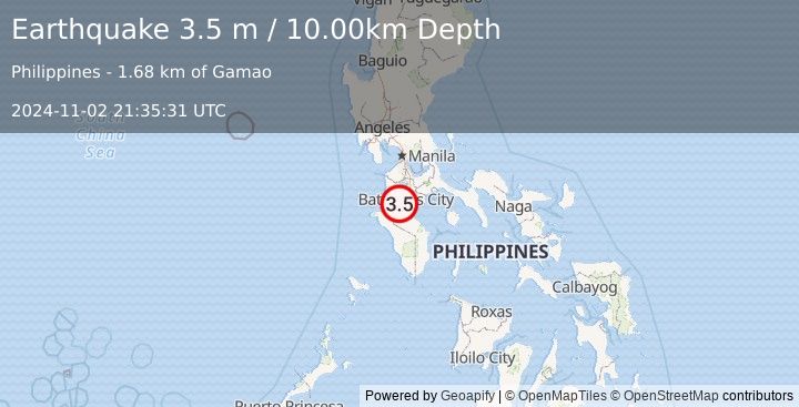 Earthquake MINDORO, PHILIPPINES (3.5 m) (2024-11-02 21:35:31 UTC)