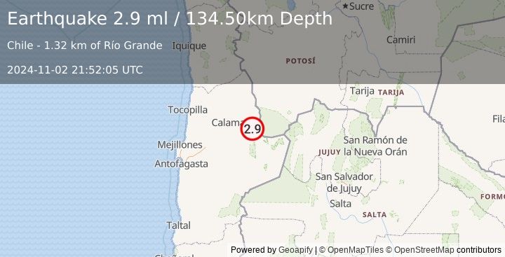 Earthquake ANTOFAGASTA, CHILE (2.9 ml) (2024-11-02 21:52:05 UTC)