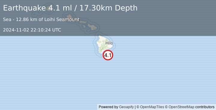 Earthquake HAWAII REGION, HAWAII (4.1 ml) (2024-11-02 22:10:24 UTC)