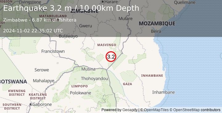 Earthquake ZIMBABWE (3.2 m) (2024-11-02 22:35:02 UTC)