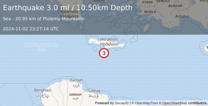 Earthquake CRETE, GREECE (3.0 ml) (2024-11-02 23:27:14 UTC)