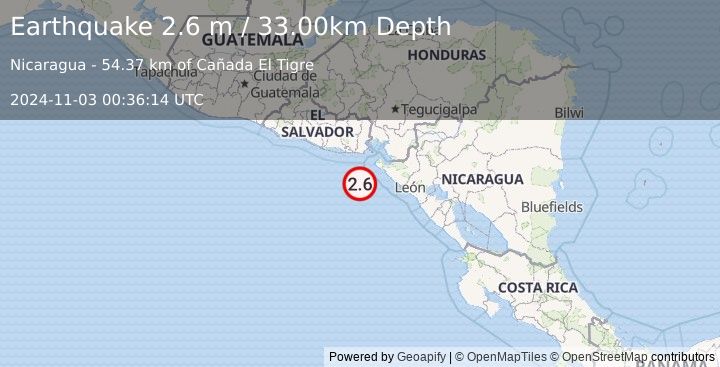 Earthquake NEAR COAST OF NICARAGUA (2.6 m) (2024-11-03 00:36:14 UTC)