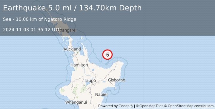 Earthquake OFF E. COAST OF N. ISLAND, N.Z. (5.0 ml) (2024-11-03 01:35:12 UTC)