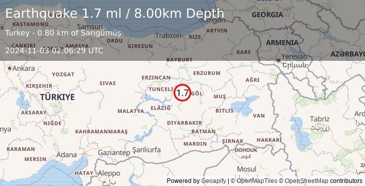 Earthquake EASTERN TURKEY (1.7 ml) (2024-11-03 02:06:29 UTC)