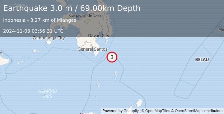 Earthquake MINDANAO, PHILIPPINES (3.0 m) (2024-11-03 03:56:31 UTC)