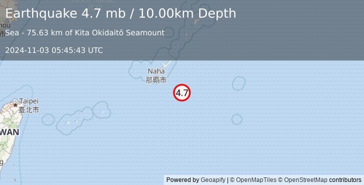 Earthquake RYUKYU ISLANDS, JAPAN (4.7 mb) (2024-11-03 05:45:43 UTC)