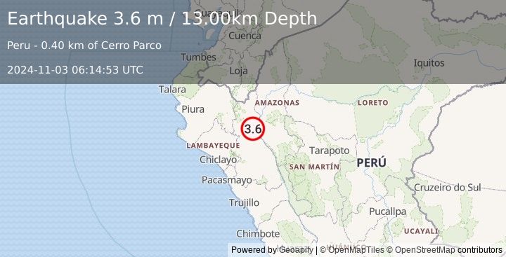 Earthquake NORTHERN PERU (3.6 m) (2024-11-03 06:14:53 UTC)