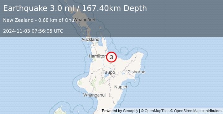 Earthquake NORTH ISLAND OF NEW ZEALAND (3.0 ml) (2024-11-03 07:56:05 UTC)