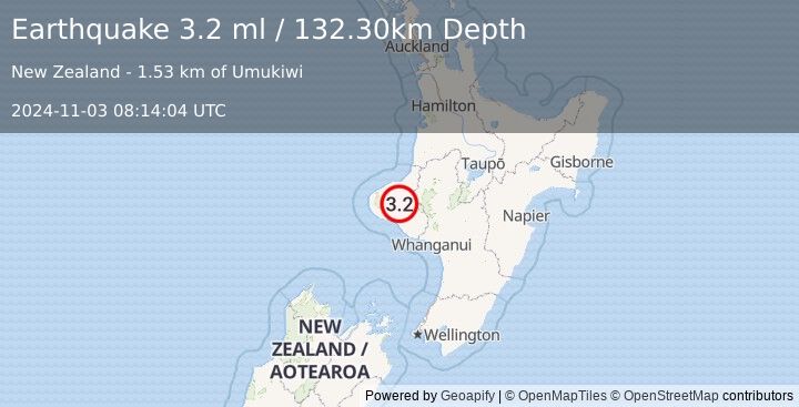 Earthquake NORTH ISLAND OF NEW ZEALAND (3.2 ml) (2024-11-03 08:14:04 UTC)