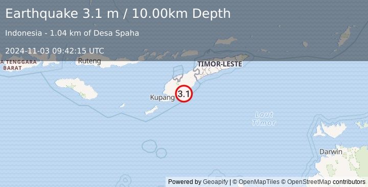 Earthquake TIMOR REGION, INDONESIA (3.1 m) (2024-11-03 09:42:15 UTC)