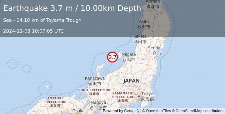 Earthquake NEAR WEST COAST OF HONSHU, JAPAN (3.7 m) (2024-11-03 10:07:05 UTC)