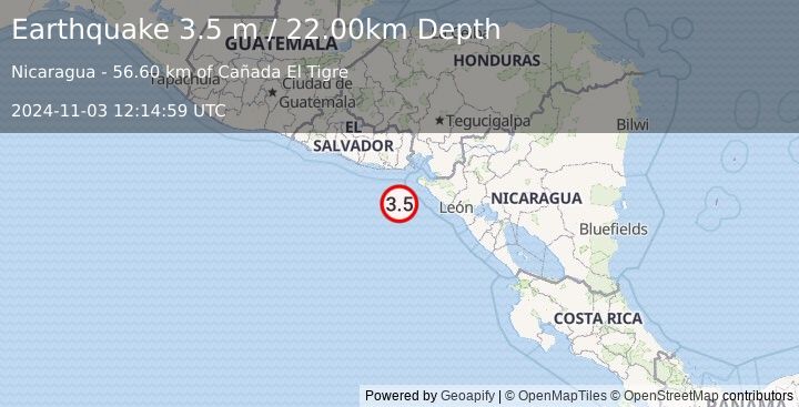 Earthquake NEAR COAST OF NICARAGUA (3.5 m) (2024-11-03 12:14:59 UTC)