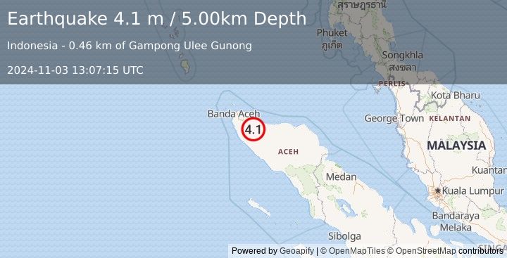 Earthquake NORTHERN SUMATRA, INDONESIA (4.1 m) (2024-11-03 13:07:15 UTC)