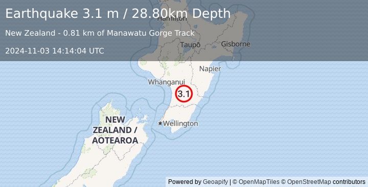 Earthquake NORTH ISLAND OF NEW ZEALAND (3.1 m) (2024-11-03 14:14:04 UTC)