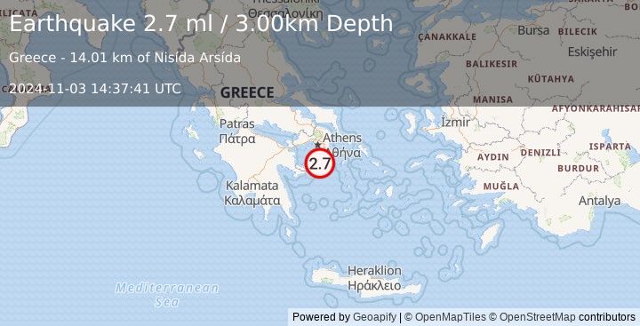 Earthquake SOUTHERN GREECE (2.7 ml) (2024-11-03 14:37:41 UTC)