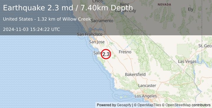 Earthquake CENTRAL CALIFORNIA (2.3 md) (2024-11-03 15:24:22 UTC)