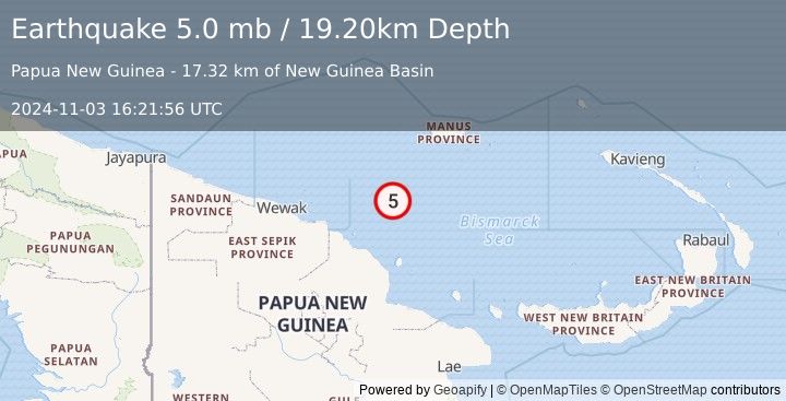 Earthquake NEAR N COAST OF NEW GUINEA, PNG. (5.0 mb) (2024-11-03 16:21:56 UTC)