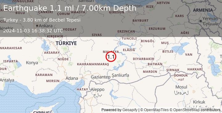 Earthquake EASTERN TURKEY (1.1 ml) (2024-11-03 16:38:32 UTC)