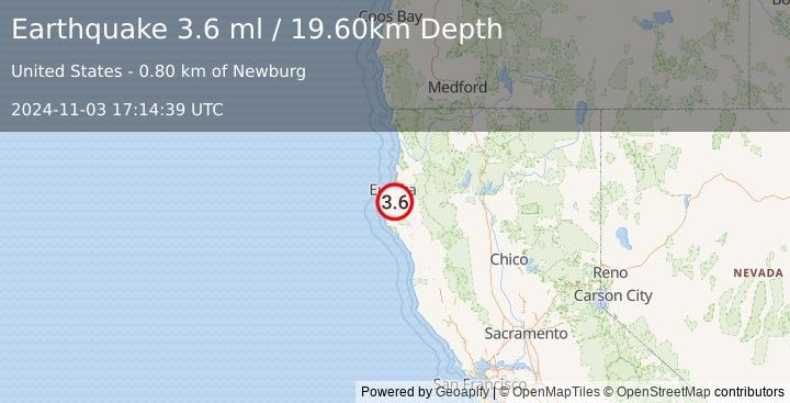 Earthquake NORTHERN CALIFORNIA (3.6 ml) (2024-11-03 17:14:39 UTC)