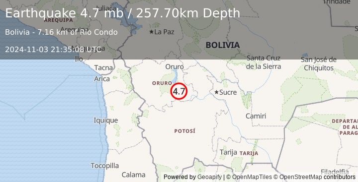 Earthquake ORURO, BOLIVIA (4.7 mb) (2024-11-03 21:35:08 UTC)