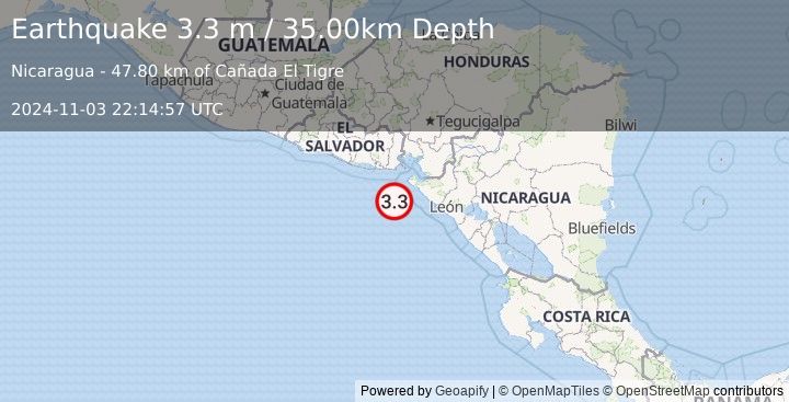 Earthquake NEAR COAST OF NICARAGUA (3.3 m) (2024-11-03 22:14:57 UTC)