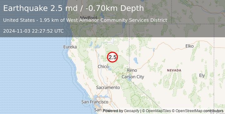 Earthquake NORTHERN CALIFORNIA (2.5 md) (2024-11-03 22:27:52 UTC)