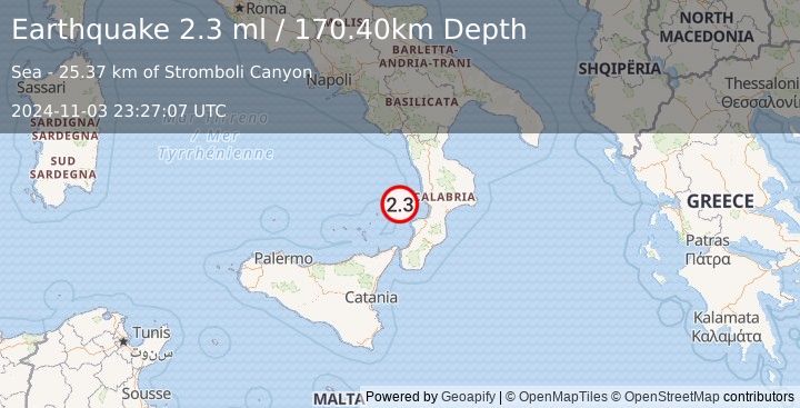 Earthquake SICILY, ITALY (2.3 ml) (2024-11-03 23:27:07 UTC)