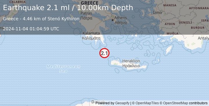 Earthquake CRETE, GREECE (2.1 ml) (2024-11-04 01:04:59 UTC)