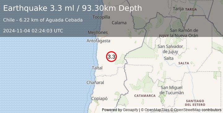 Earthquake ANTOFAGASTA, CHILE (3.3 ml) (2024-11-04 02:24:03 UTC)