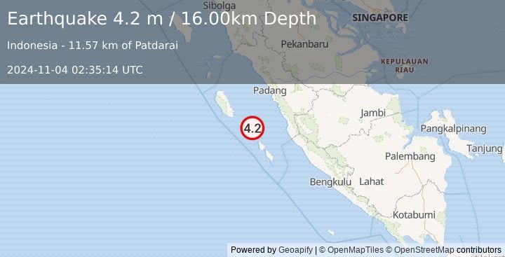 Earthquake KEP. MENTAWAI REGION, INDONESIA (4.2 m) (2024-11-04 02:35:14 UTC)