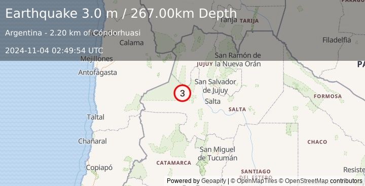 Earthquake SALTA, ARGENTINA (3.0 m) (2024-11-04 02:49:54 UTC)