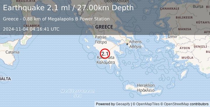 Earthquake SOUTHERN GREECE (2.1 ml) (2024-11-04 04:16:41 UTC)