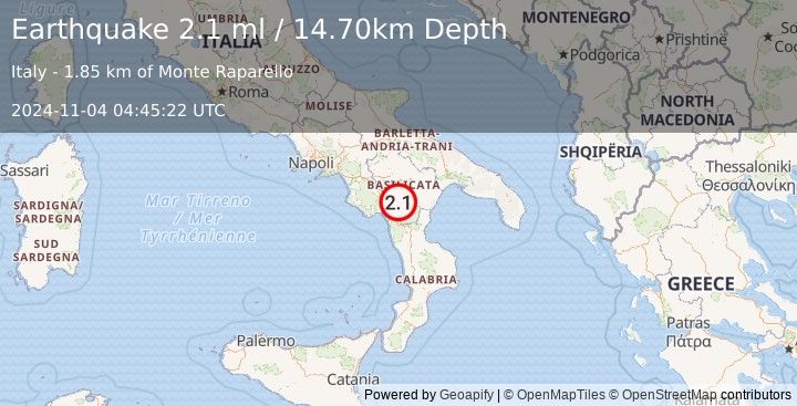 Earthquake SOUTHERN ITALY (2.1 ml) (2024-11-04 04:45:22 UTC)