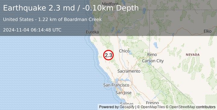 Earthquake NORTHERN CALIFORNIA (2.3 md) (2024-11-04 06:14:48 UTC)