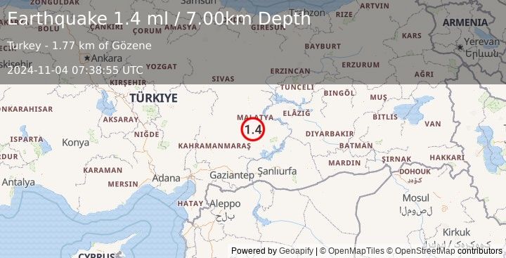 Earthquake EASTERN TURKEY (1.4 ml) (2024-11-04 07:38:55 UTC)