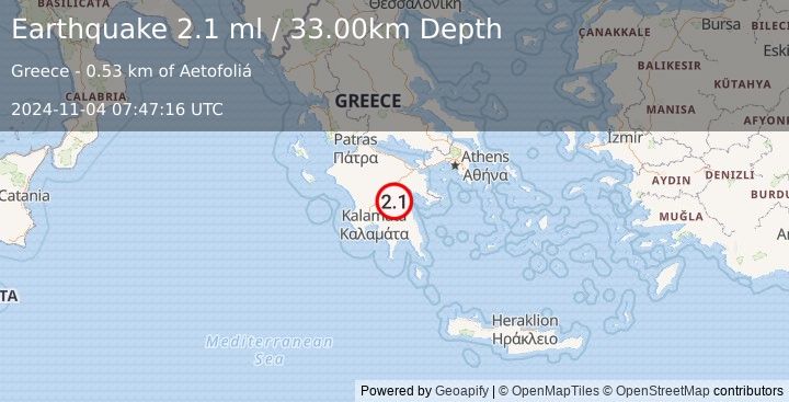 Earthquake SOUTHERN GREECE (2.1 ml) (2024-11-04 07:47:16 UTC)