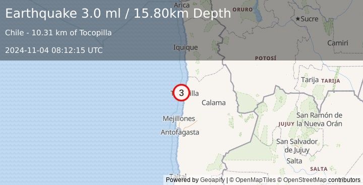 Earthquake OFFSHORE ANTOFAGASTA, CHILE (3.0 ml) (2024-11-04 08:12:15 UTC)