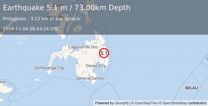 Earthquake MINDANAO, PHILIPPINES (5.1 m) (2024-11-04 08:43:24 UTC)