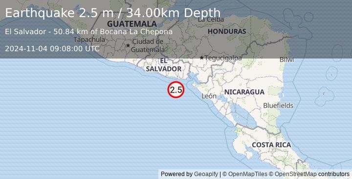 Earthquake OFFSHORE EL SALVADOR (2.5 m) (2024-11-04 09:08:00 UTC)