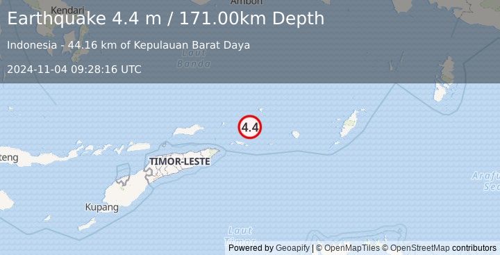 Earthquake KEPULAUAN BARAT DAYA, INDONESIA (4.4 m) (2024-11-04 09:28:16 UTC)