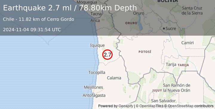 Earthquake TARAPACA, CHILE (2.7 ml) (2024-11-04 09:31:54 UTC)