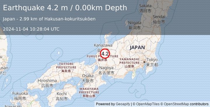 Earthquake NEAR WEST COAST OF HONSHU, JAPAN (4.2 m) (2024-11-04 10:28:04 UTC)