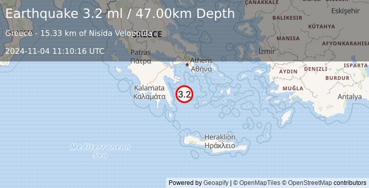 Earthquake SOUTHERN GREECE (3.2 ml) (2024-11-04 11:10:16 UTC)