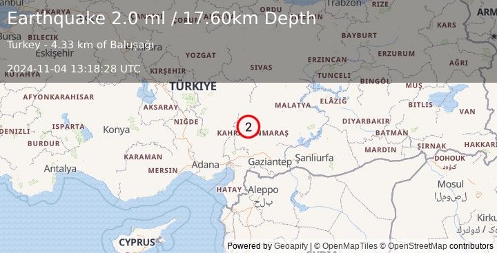 Earthquake CENTRAL TURKEY (2.0 ml) (2024-11-04 13:18:28 UTC)