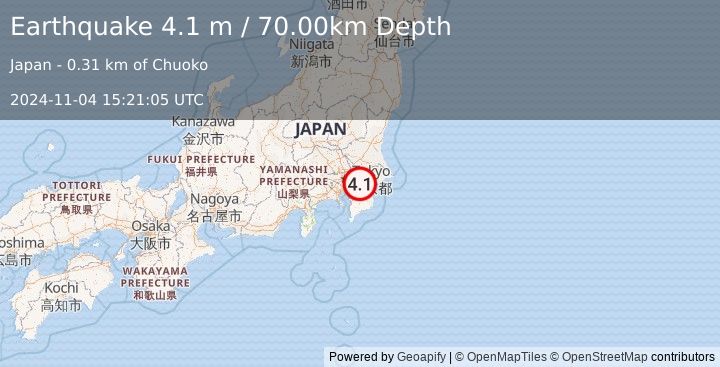 Earthquake NEAR EAST COAST OF HONSHU, JAPAN (4.1 m) (2024-11-04 15:21:05 UTC)