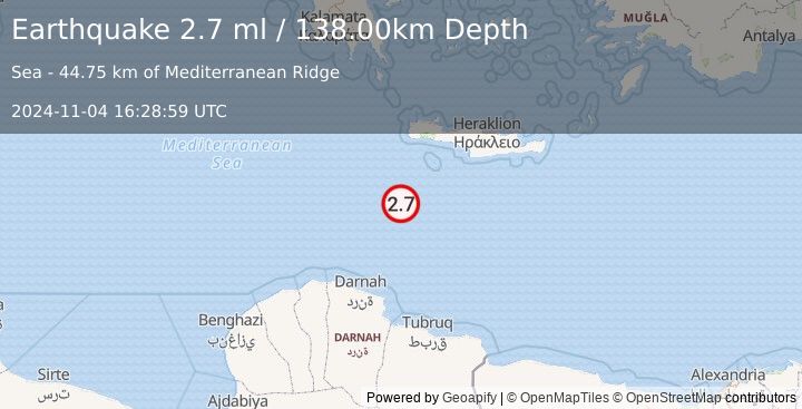 Earthquake CRETE, GREECE (2.7 ml) (2024-11-04 16:28:59 UTC)