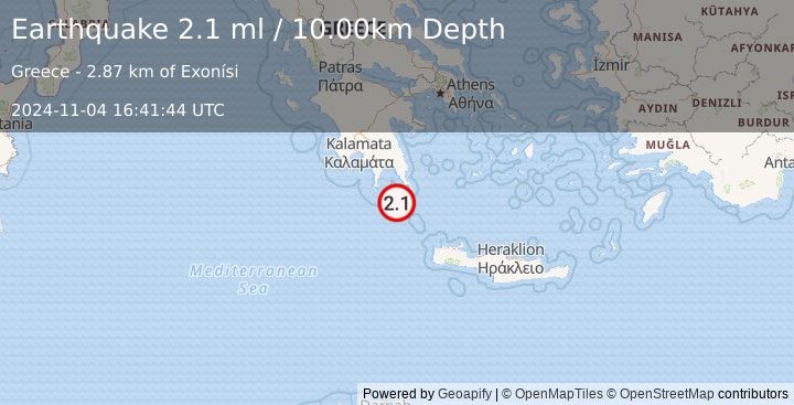 Earthquake SOUTHERN GREECE (2.1 ml) (2024-11-04 16:41:44 UTC)