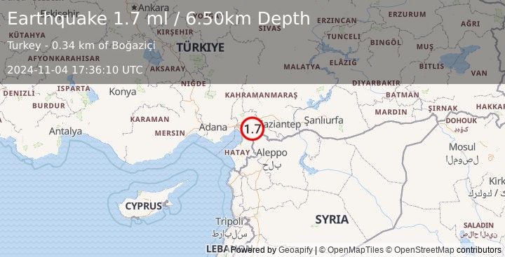 Earthquake TURKEY-SYRIA BORDER REGION (1.7 ml) (2024-11-04 17:36:10 UTC)