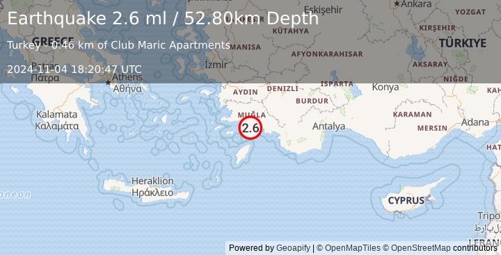 Earthquake DODECANESE IS.-TURKEY BORDER REG (2.6 ml) (2024-11-04 18:20:47 UTC)