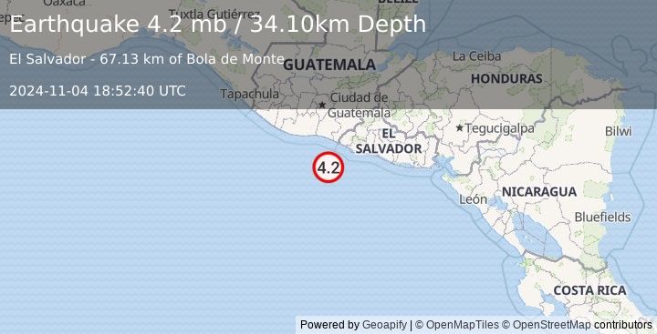 Earthquake OFFSHORE EL SALVADOR (4.2 mb) (2024-11-04 18:52:40 UTC)